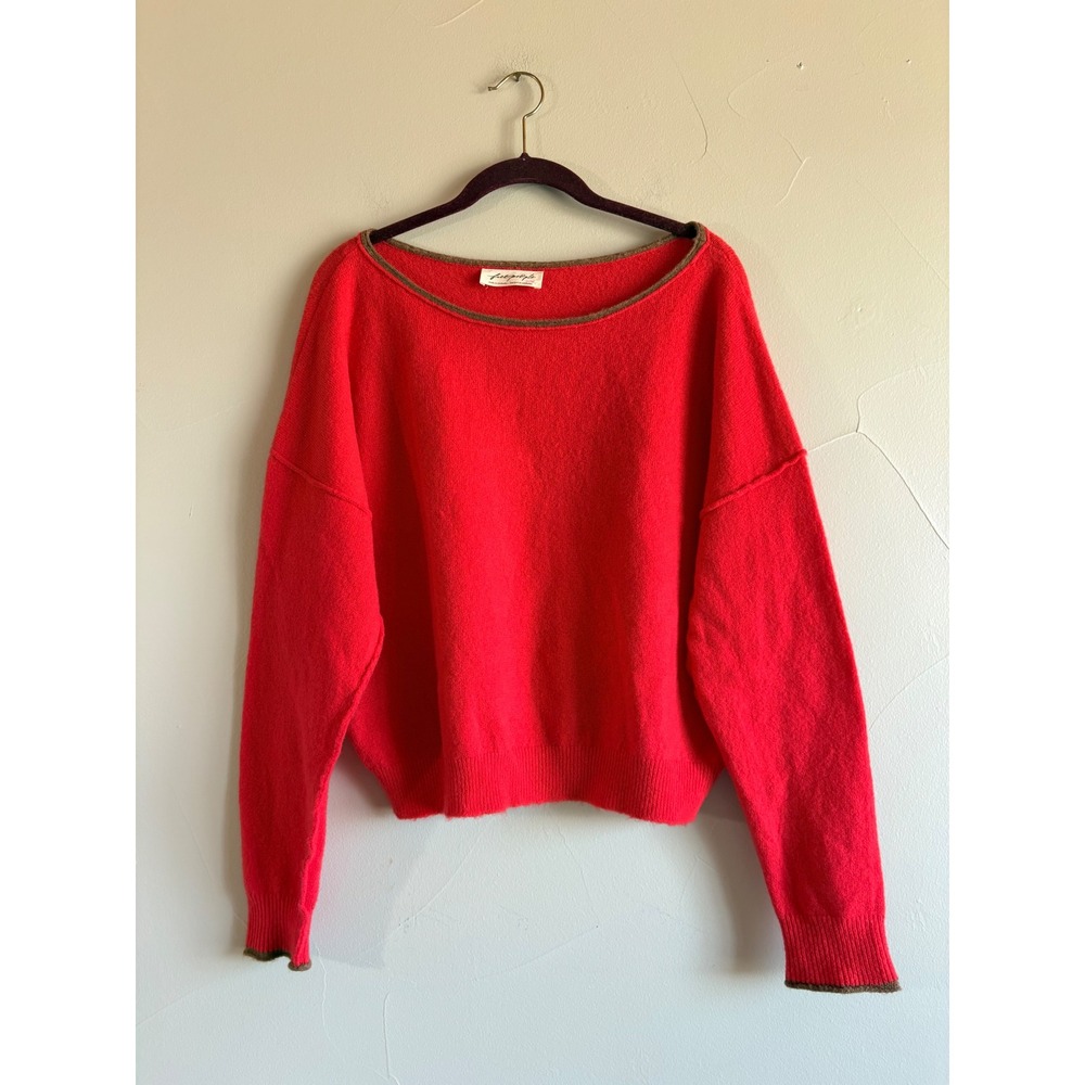 Free People Softspun Pullover Slub Sweater Orange Red Brown Trim XS Relaxed Fit
